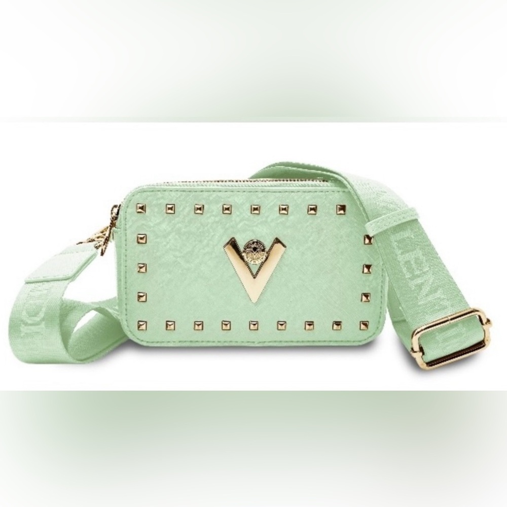 Valentino Orlandi Studded Double Zip Crossbody Camera Bag Purse Mint Green